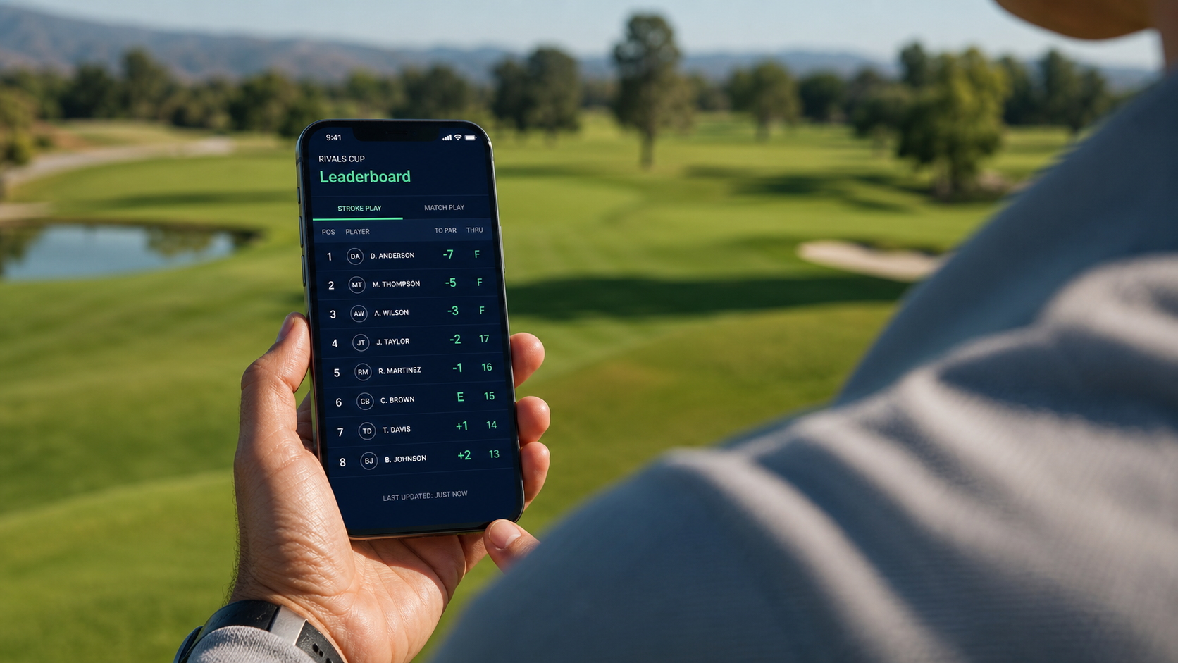 Golfer checking live Big Game leaderboard on a smartphone
